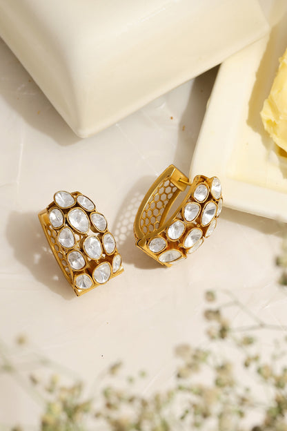 Gold Finish Kundan Polki Hoop Earrings