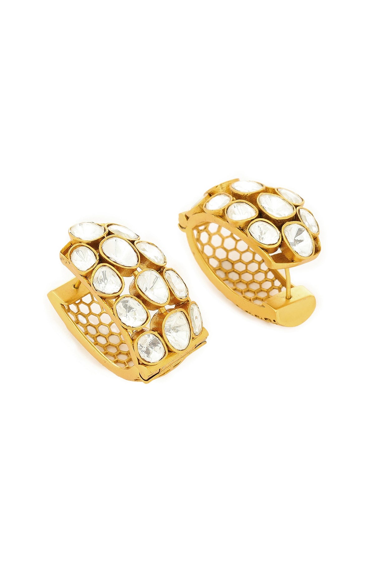 Gold Finish Kundan Polki Hoop Earrings