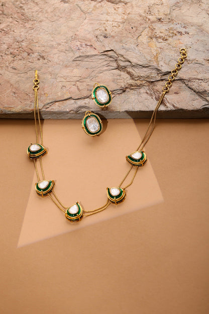 Antique Gold Finish Green Meenakari Drop-Shaped Necklace Set