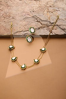Antique Gold Finish Green Meenakari Drop-Shaped Necklace Set