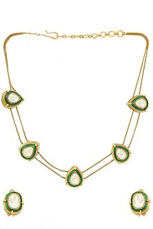 Antique Gold Finish Green Meenakari Drop-Shaped Necklace Set