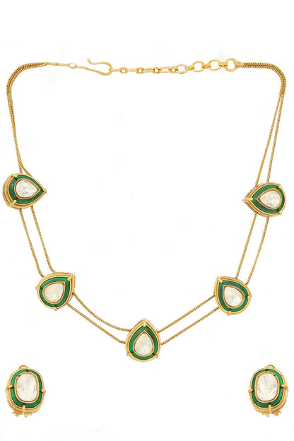 Antique Gold Finish Green Meenakari Drop-Shaped Necklace Set