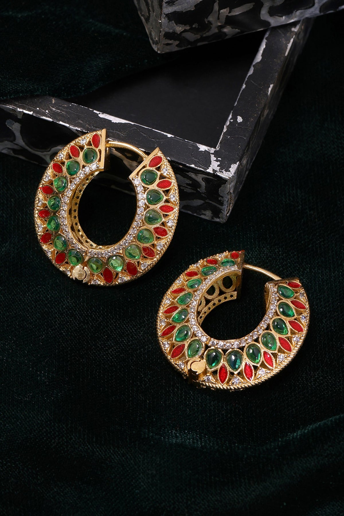 Gold Plated Multi-Colored Kundan Polki Hoop Earrings