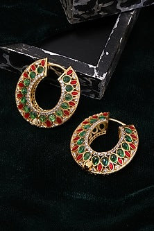 Gold Plated Multi-Colored Kundan Polki Hoop Earrings