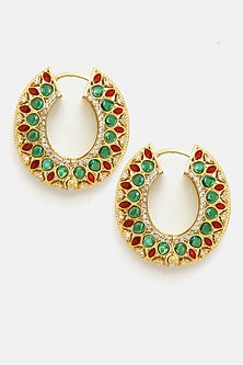 Gold Plated Multi-Colored Kundan Polki Hoop Earrings