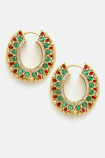 Gold Plated Multi-Colored Kundan Polki Hoop Earrings