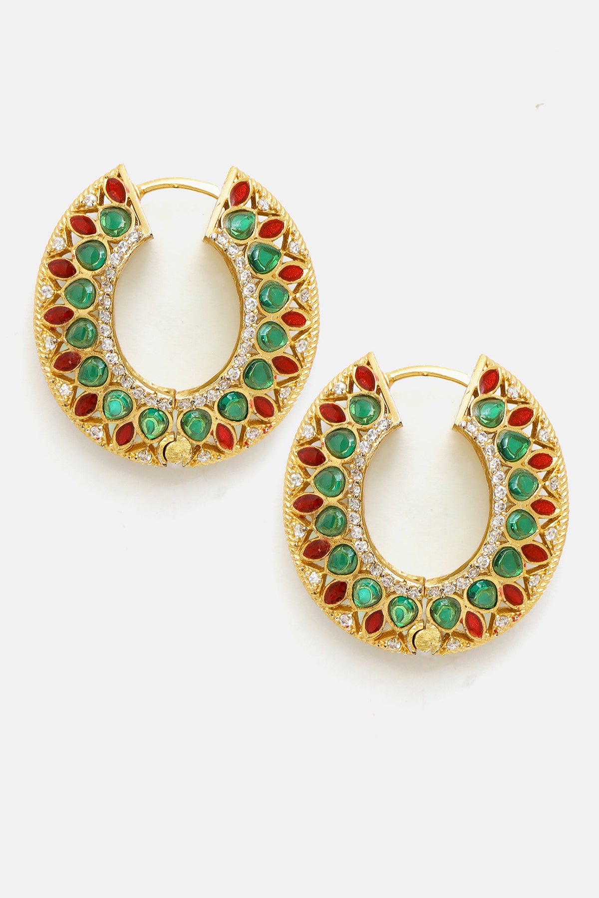 Gold Plated Multi-Colored Kundan Polki Hoop Earrings