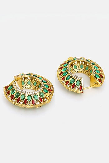 Gold Plated Multi-Colored Kundan Polki Hoop Earrings