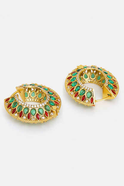 Gold Plated Multi-Colored Kundan Polki Hoop Earrings