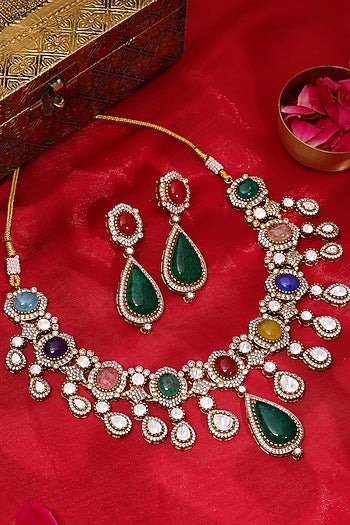 Gold Plated Kundan Polki & Multi-Colored Stone Necklace Set