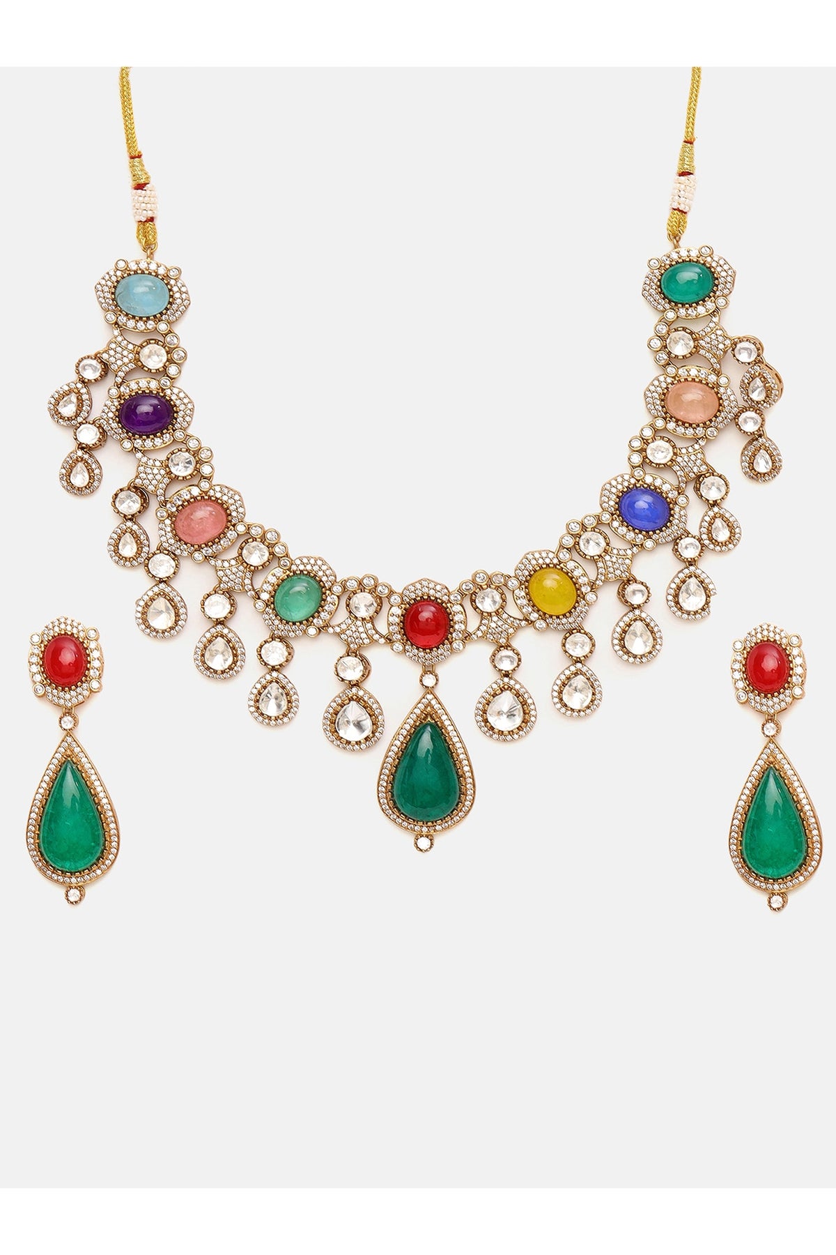 Gold Plated Kundan Polki & Multi-Colored Stone Necklace Set