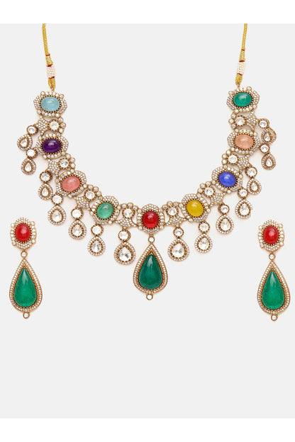 Gold Plated Kundan Polki & Multi-Colored Stone Necklace Set