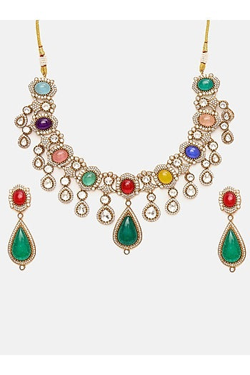 Gold Plated Kundan Polki & Multi-Colored Stone Necklace Set