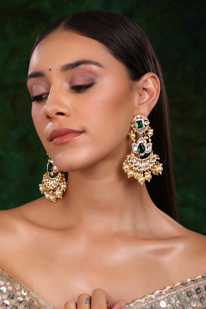 Gold Finish Kundan Polki & Pearl Dangler Earrings