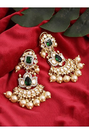 Gold Finish Kundan Polki & Pearl Dangler Earrings