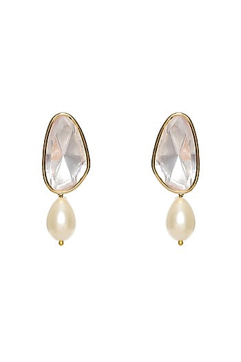 Gold Finish Kundan Polki & Pearl Drop Dangler Earrings