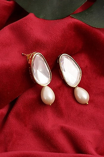 Gold Finish Kundan Polki & Pearl Drop Dangler Earrings
