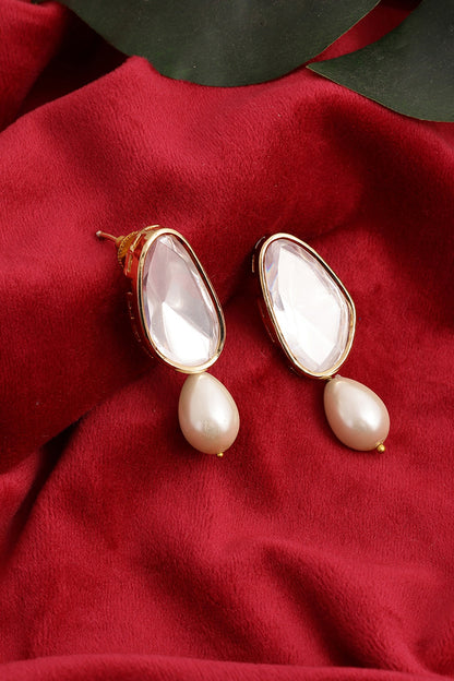 Gold Finish Kundan Polki & Pearl Drop Dangler Earrings