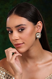 Gold Finish Kundan Polki Green Meenakari Stud Earrings