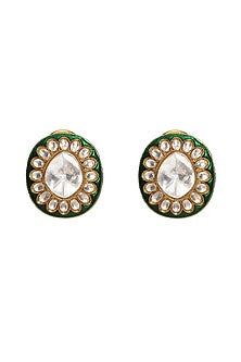 Gold Finish Kundan Polki Green Meenakari Stud Earrings