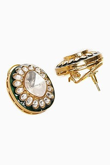 Gold Finish Kundan Polki Green Meenakari Stud Earrings
