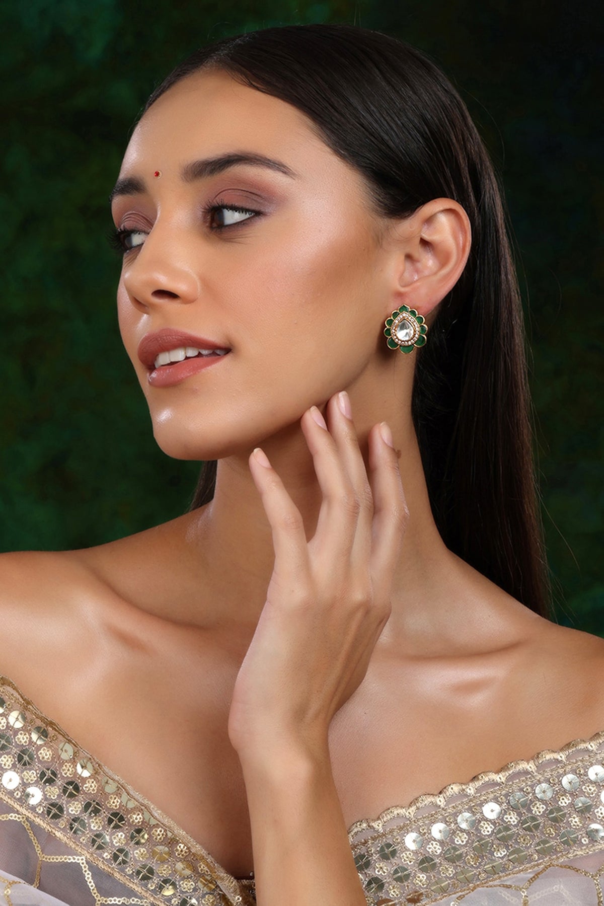 Gold Finish Kundan Polki Teardrop Stud Earrings