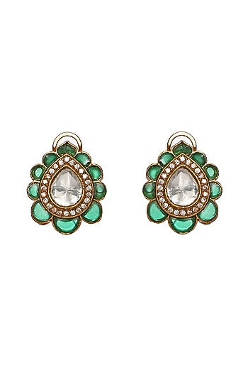Gold Finish Kundan Polki Teardrop Stud Earrings