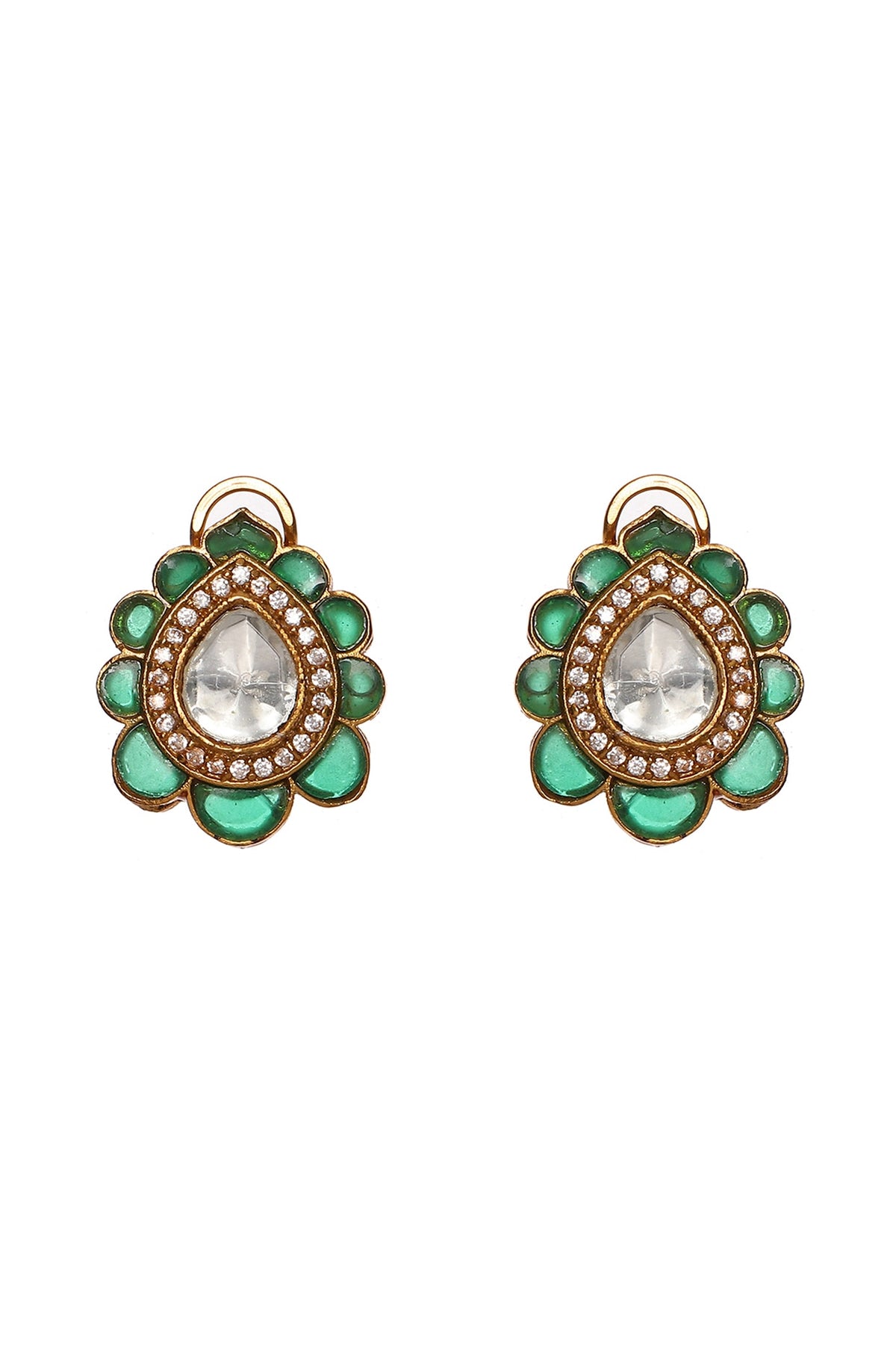 Gold Finish Kundan Polki Teardrop Stud Earrings