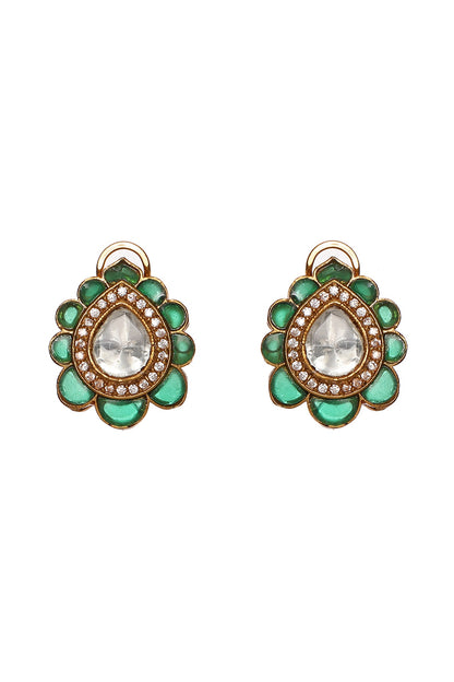 Gold Finish Kundan Polki Teardrop Stud Earrings