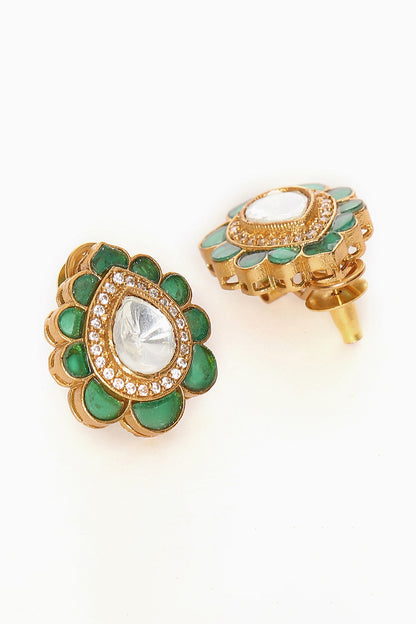 Gold Finish Kundan Polki Teardrop Stud Earrings