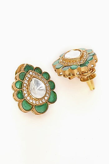 Gold Finish Kundan Polki Teardrop Stud Earrings