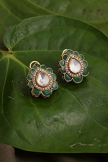 Gold Finish Kundan Polki Teardrop Stud Earrings