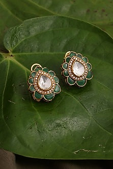 Gold Finish Kundan Polki Teardrop Stud Earrings