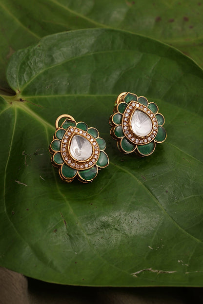 Gold Finish Kundan Polki Teardrop Stud Earrings