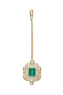 Gold Finish Kundan Polki & Emerald Maangtikka