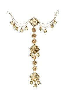 Gold Finish Kundan Polki & Pearl Hair Braid