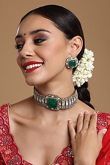 Gold Finish Emerald Stone & Moissanite Choker Necklace Set