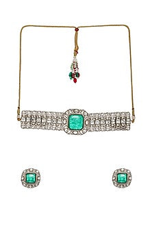 Gold Finish Emerald Stone & Moissanite Choker Necklace Set