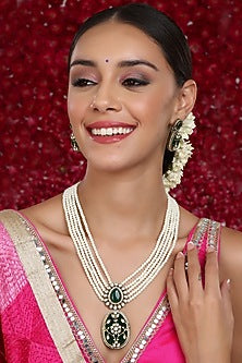 Gold Finish Kundan Polki & Pearl Long Layered Necklace Set