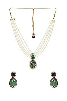Gold Finish Kundan Polki & Pearl Long Layered Necklace Set