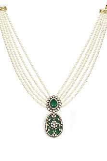Gold Finish Kundan Polki & Pearl Long Layered Necklace Set
