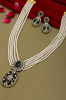 Gold Finish Kundan Polki & Pearl Long Layered Necklace Set