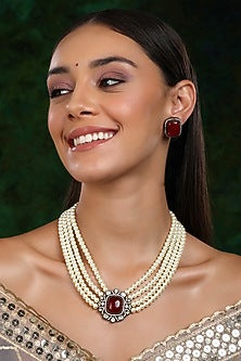 Gold Finish Maroon Stone & Pearl Necklace Set