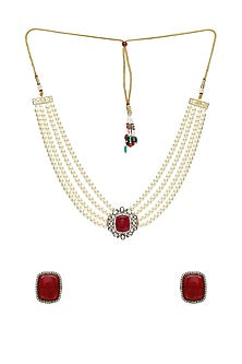 Gold Finish Maroon Stone & Pearl Necklace Set
