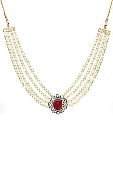 Gold Finish Maroon Stone & Pearl Necklace Set