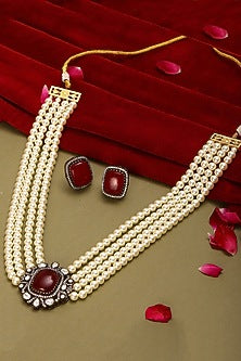 Gold Finish Maroon Stone & Pearl Necklace Set
