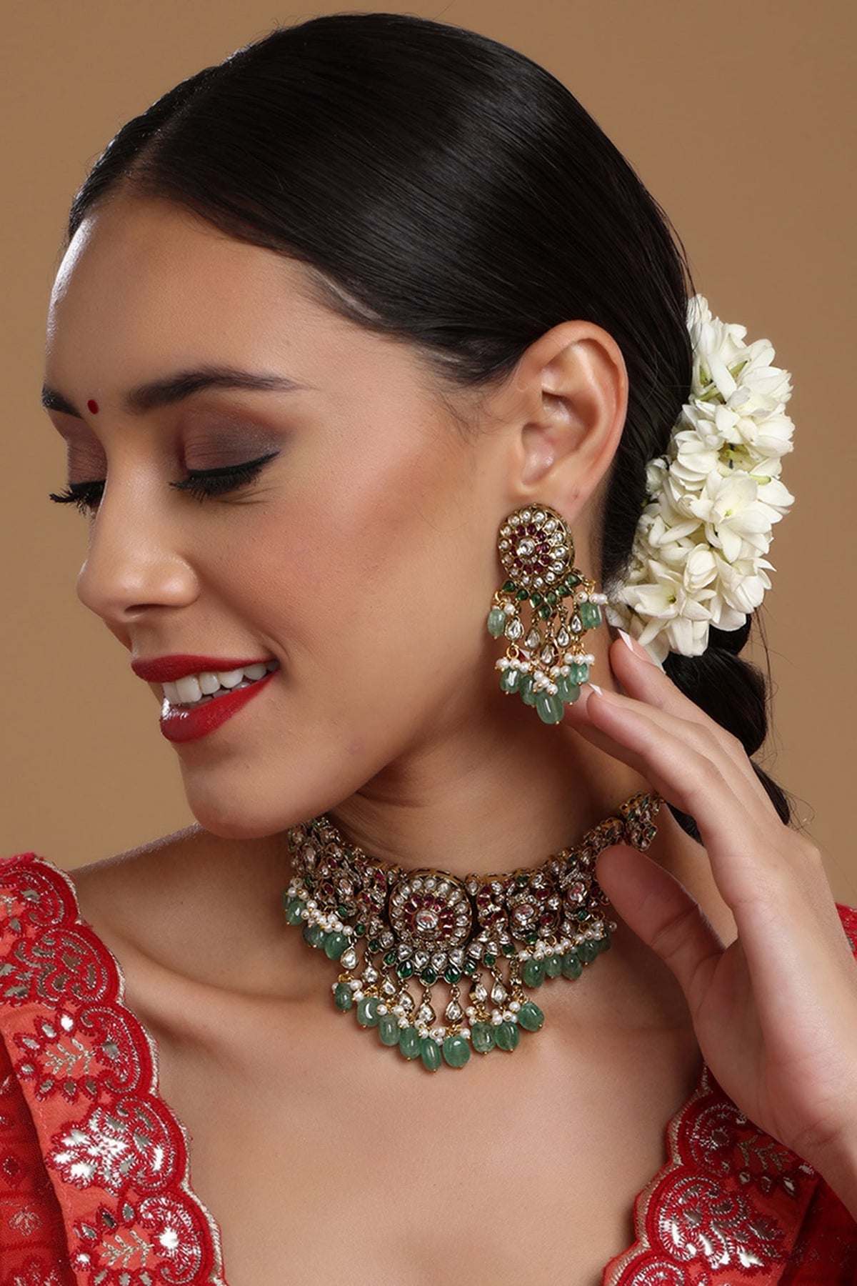 Gold Finish Kundan Polki & Emerald Choker Necklace Set