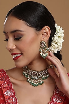 Gold Finish Kundan Polki & Emerald Choker Necklace Set