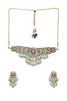 Gold Finish Kundan Polki & Emerald Choker Necklace Set