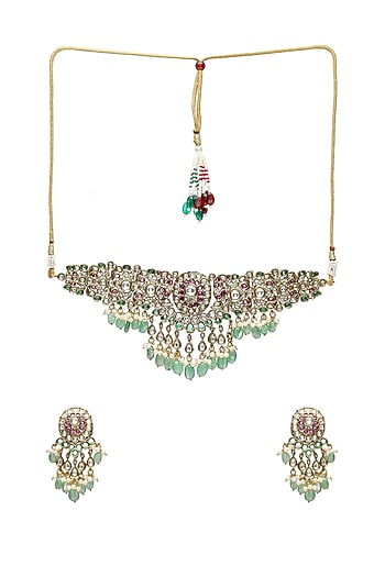Gold Finish Kundan Polki & Emerald Choker Necklace Set